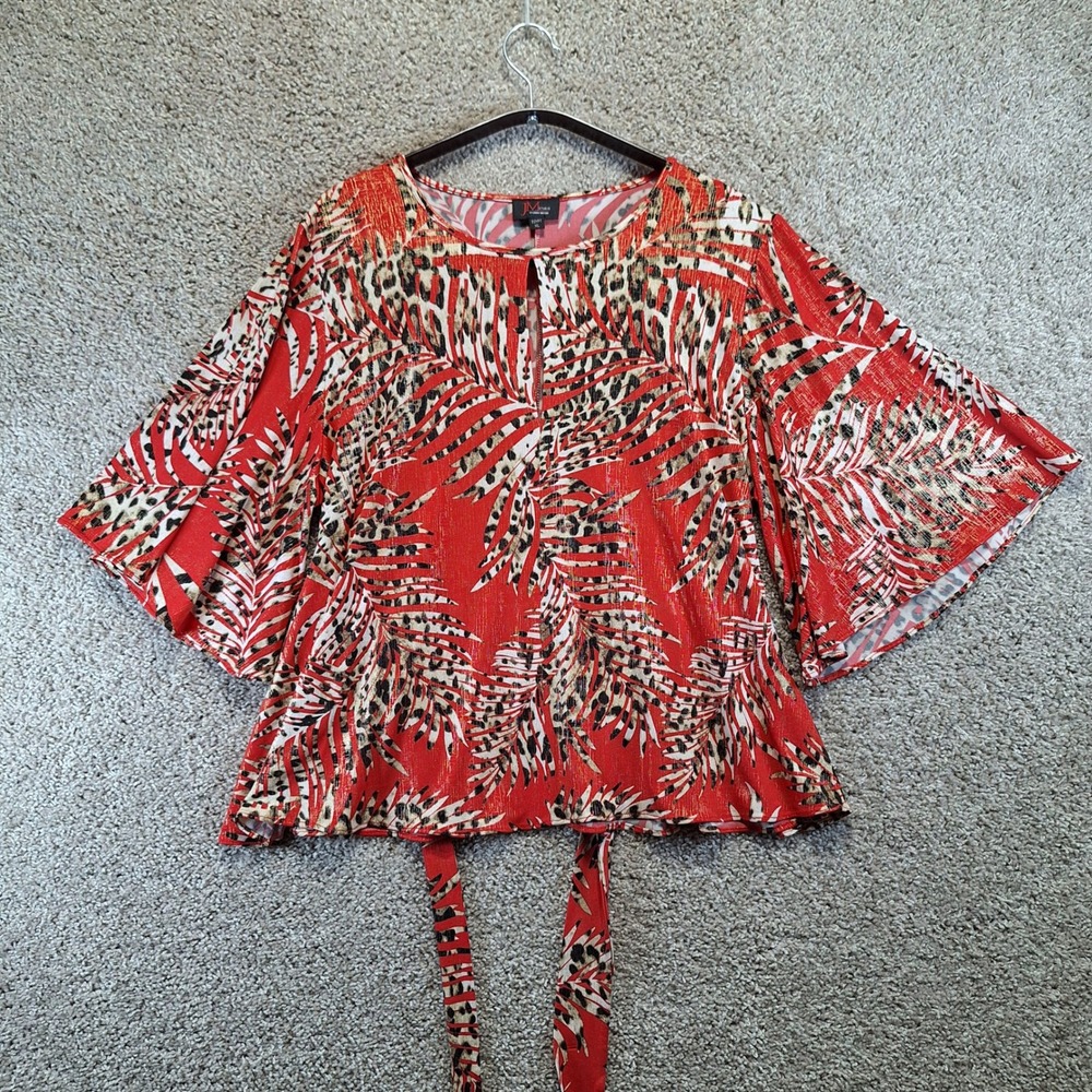 JM Studio Blouse Women XL Red Tropical Nature Bell Sleeve Party Cottagecore